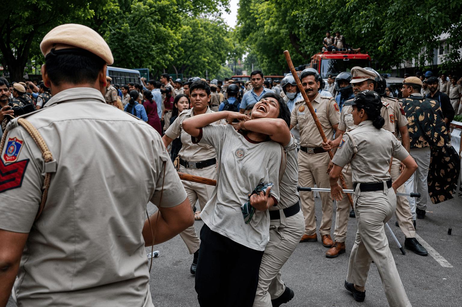 Police using force to restrain a distressed student during the NEET protest
